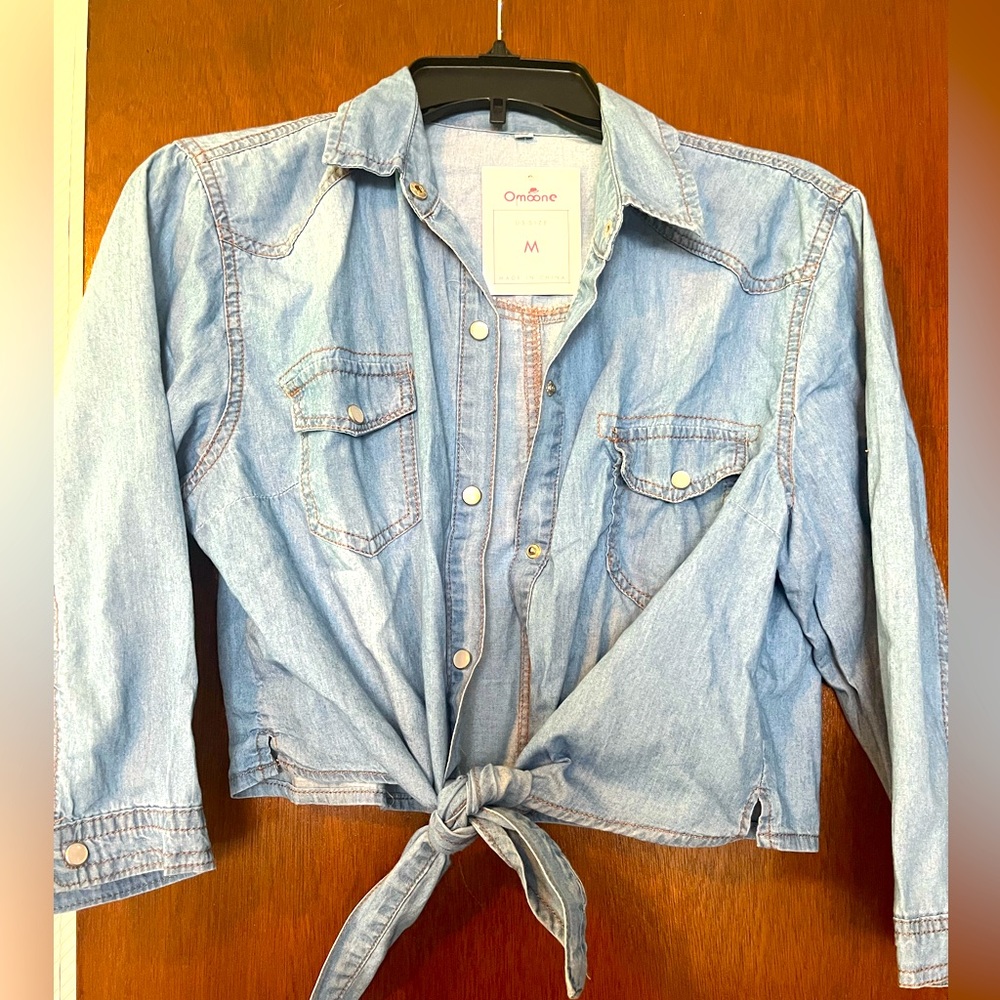 Omoone Women's 3/4 Sleeve Denim Crop Top Tie Knot Shirt Cardigan